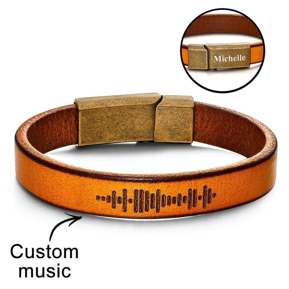 Custom Engraved Music Code Bracelet Personalised Song Leather Bracelet with Strong Magnetic Clasp - soufeelmy