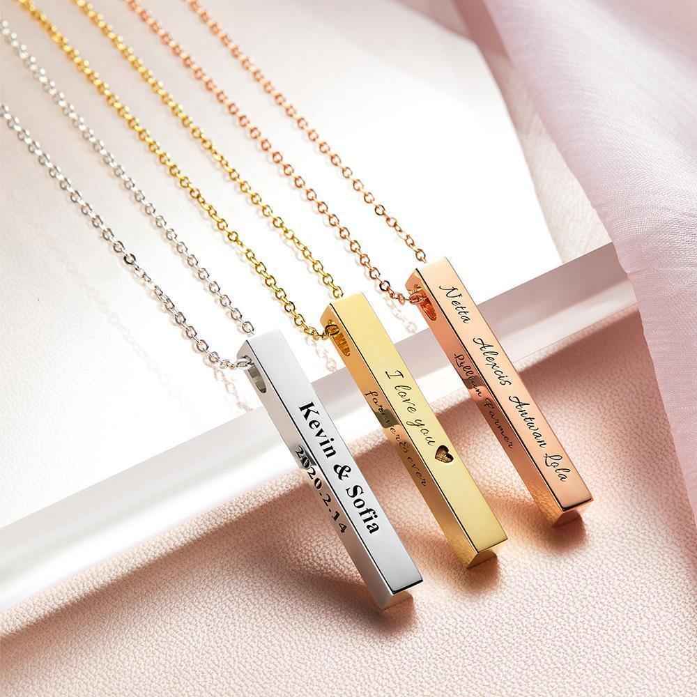 3D Engraving Bar Necklace, 4 Sided Vertical Name Necklace 14K Gold Plated - Golden - soufeelus