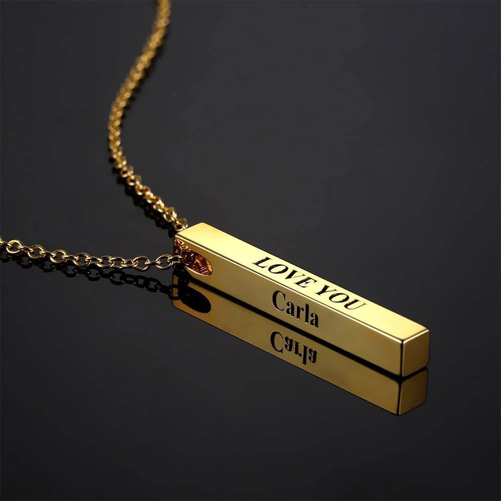 3D Engraving Bar Necklace, 4 Sided Vertical Name Necklace 14K Gold Plated - Golden - soufeelus