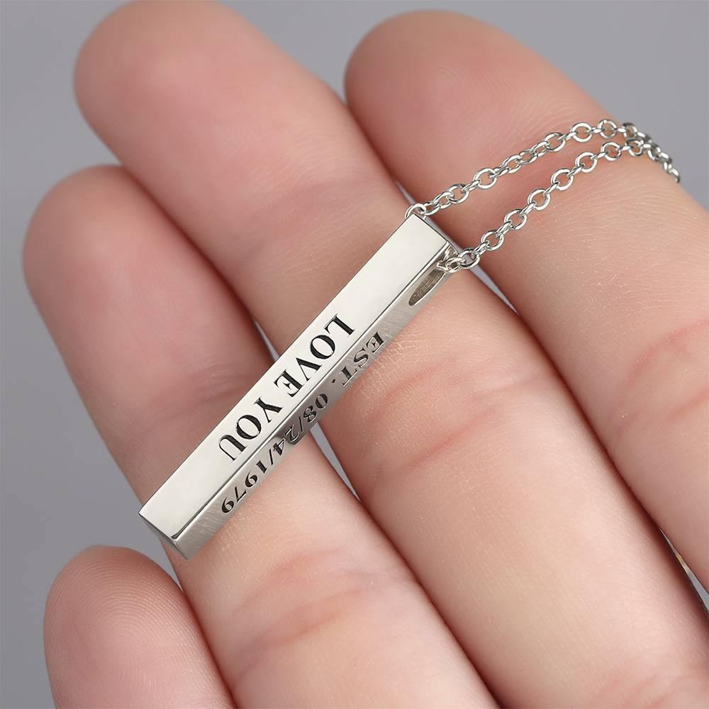 3D Engraving Bar Necklace, 4 Sided Vertical Name Necklace Silver - soufeelus