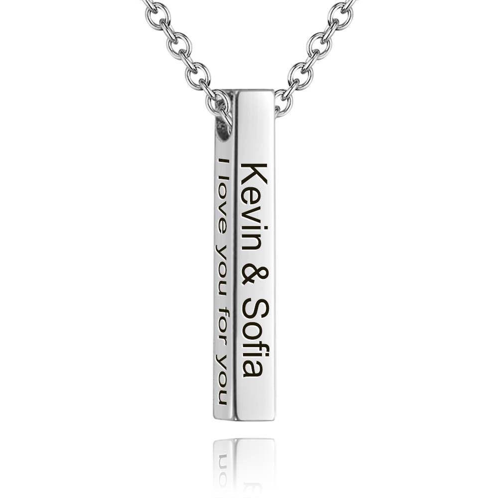 3D Engraving Bar Necklace, 4 Sided Vertical Name Necklace Silver - soufeelus