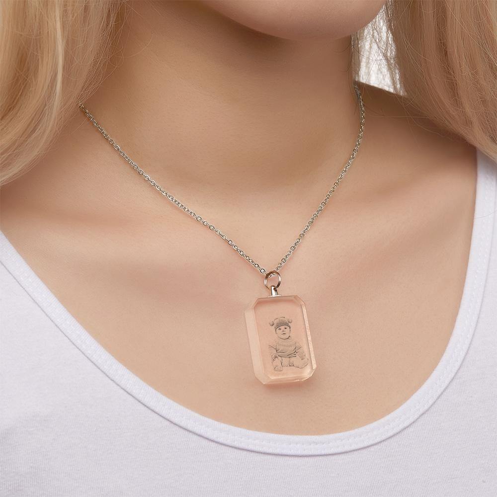 Photo Necklace Laser Engraved Photo Crystal Necklace Silver Color Chain Gifts Ideas Baby Picture Memorial Gifts - soufeelus