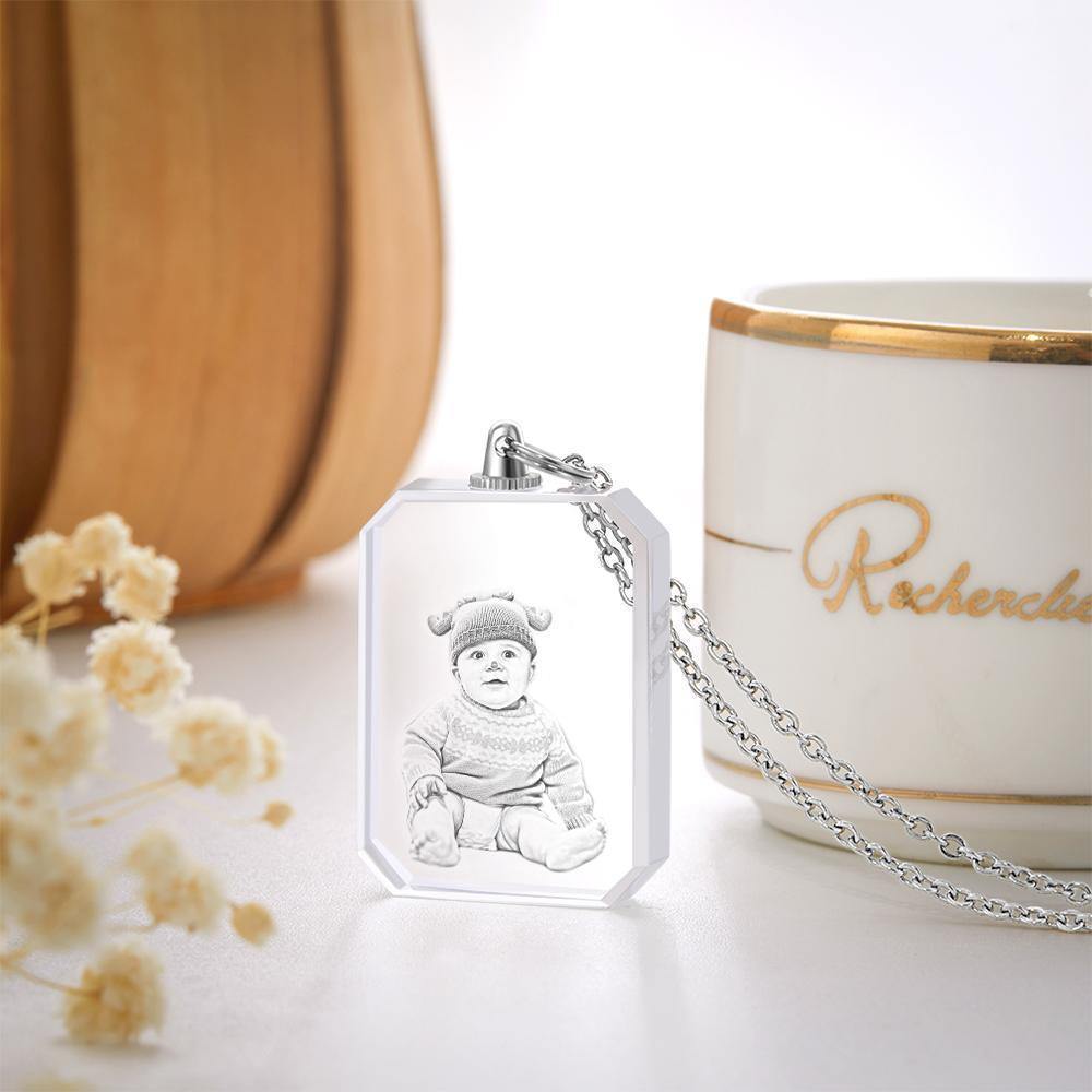 Photo Necklace Laser Engraved Photo Crystal Necklace Silver Color Chain Gifts Ideas Baby Picture Memorial Gifts - soufeelus