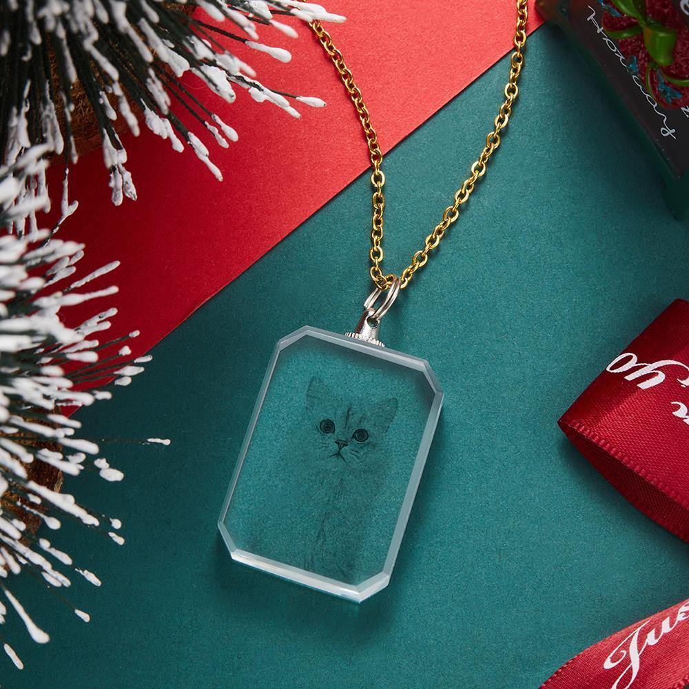 Crystal Photo Necklace Laser Engraved Photo Crystal Necklace Golden Color Chain Gifts Ideas Cute Pet - soufeelus