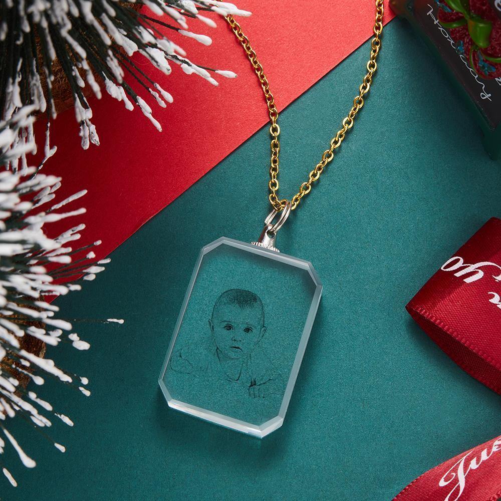 Photo Necklace Laser Engraved Photo Crystal Necklace Silver Color Chain Gifts Ideas Baby Picture Memorial Gifts - soufeelus