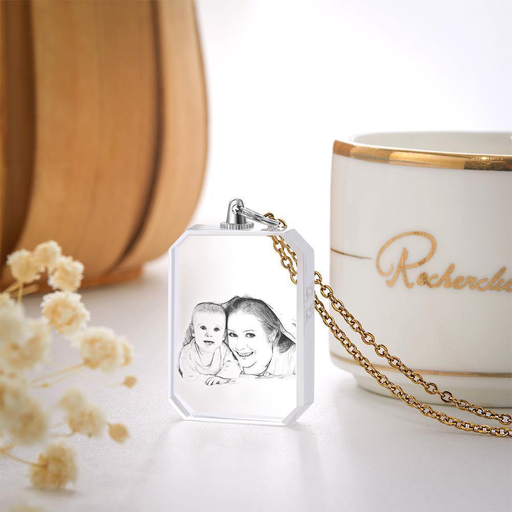 Photo Necklace Laser Etched Crystal Necklace Golden Color Chain Gifts Ideas Gifts for Mom - soufeelus