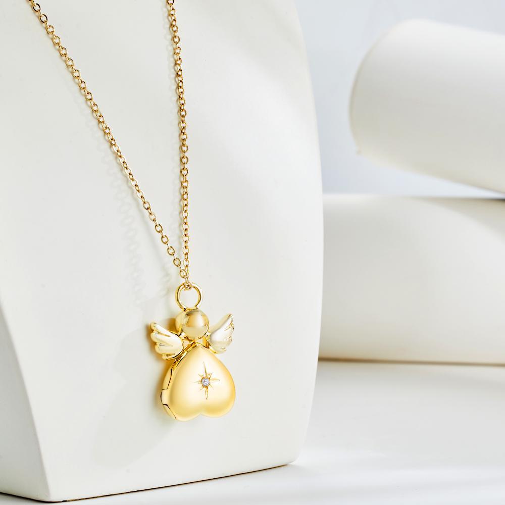 Photo Locket Necklace Angel Pendant 14k Gold Plated Valentine's Day Gift -