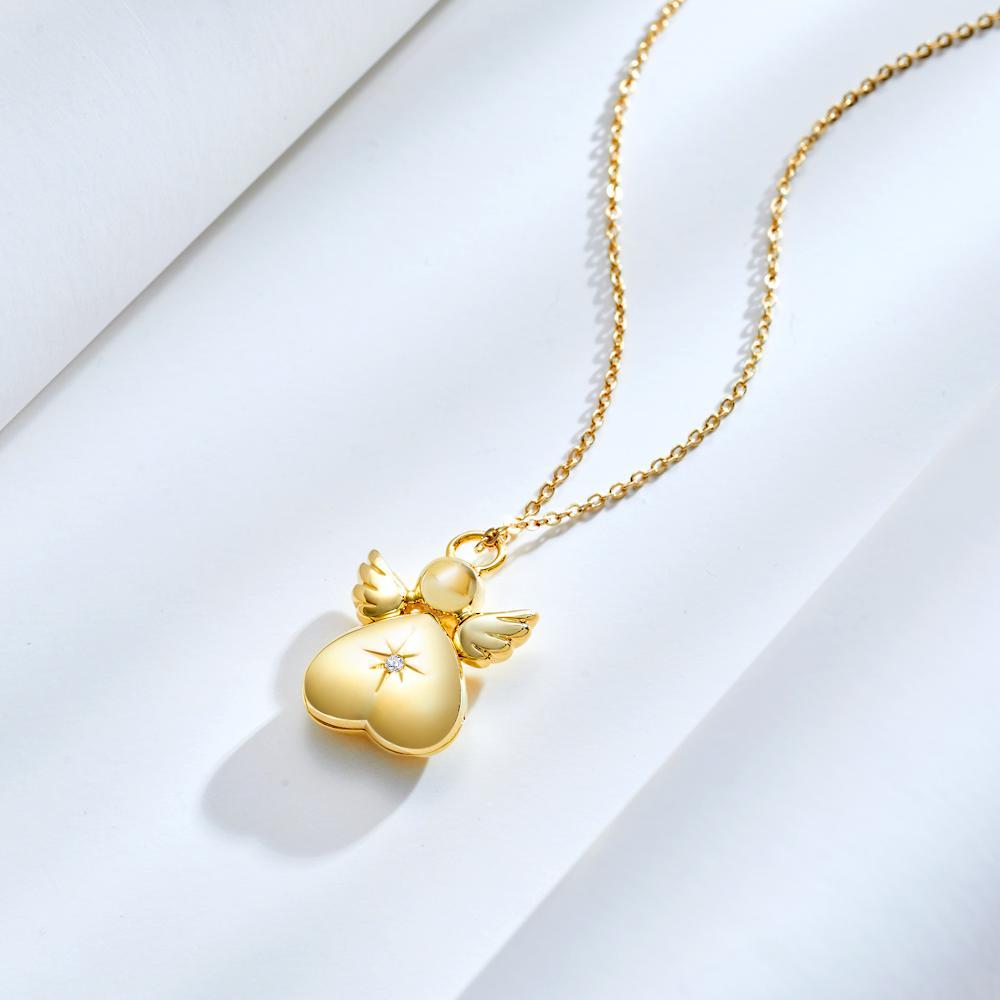 Photo Locket Necklace Angel Pendant 14k Gold Plated Valentine's Day Gift -