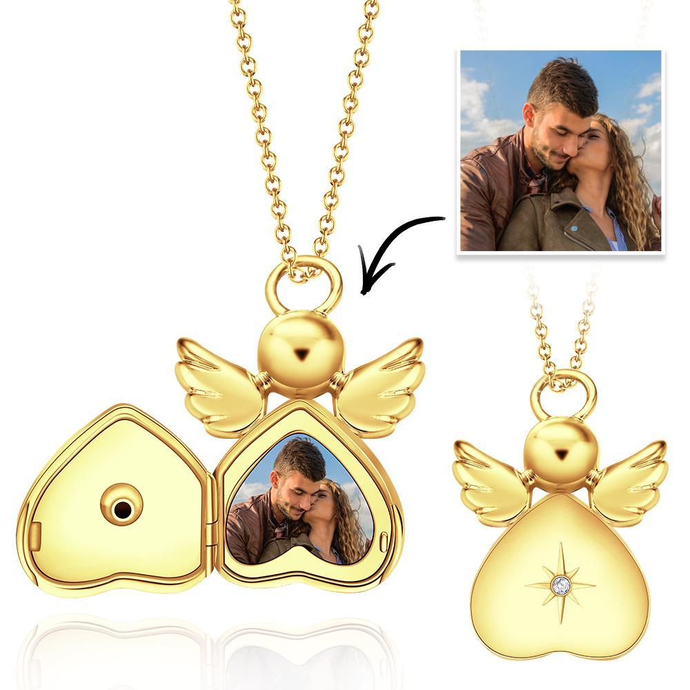 Photo Locket Necklace Angel Pendant 14k Gold Plated Valentine's Day Gift -
