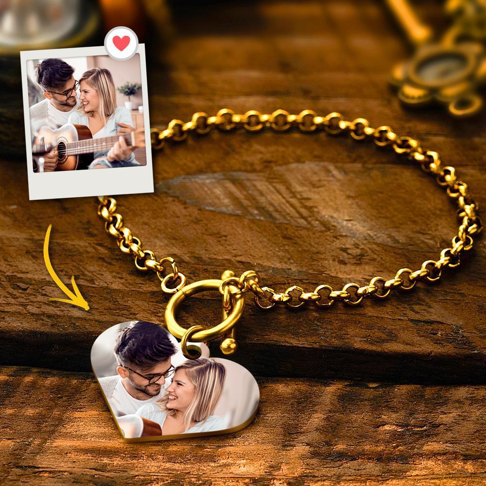 Custom Photo Bracelet with Heart Gifts for Her Rose Gold