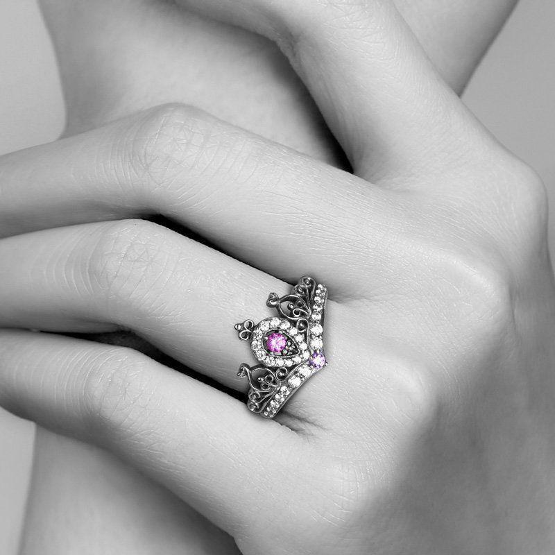 Summer Female Captured Hearts Tiara Ring Pink Purple 925 Sterling Silver -