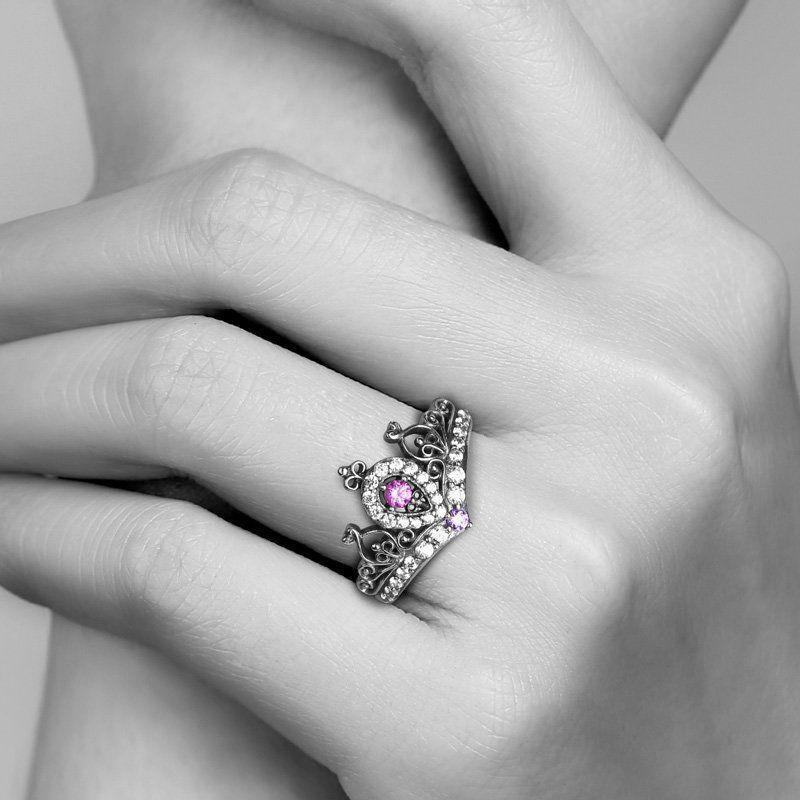 Summer Female Captured Hearts Tiara Ring Pink Purple 925 Sterling Silver - 