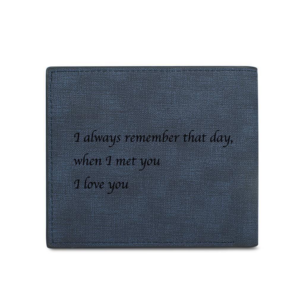 Men's Bifold Custom Inscription Photo Engraved Wallet - Blue Leather