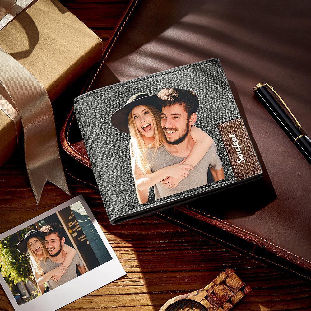 Men's Bifold Custom Inscription Photo Wallet - Blue Leather -