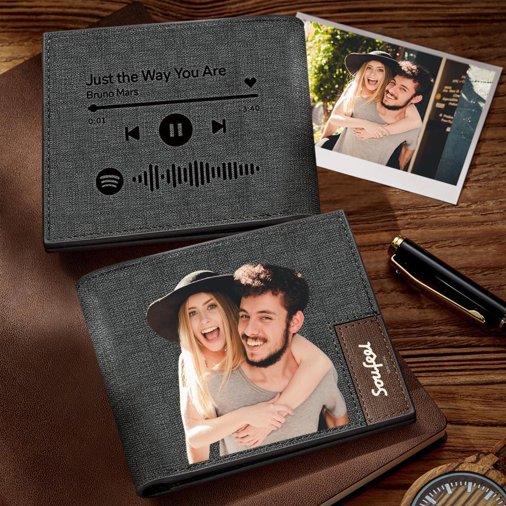 Scannable Spotify Code Wallet Photo Engraved Wallet Favorite Song Gifts for Boyfriend/Husband - 