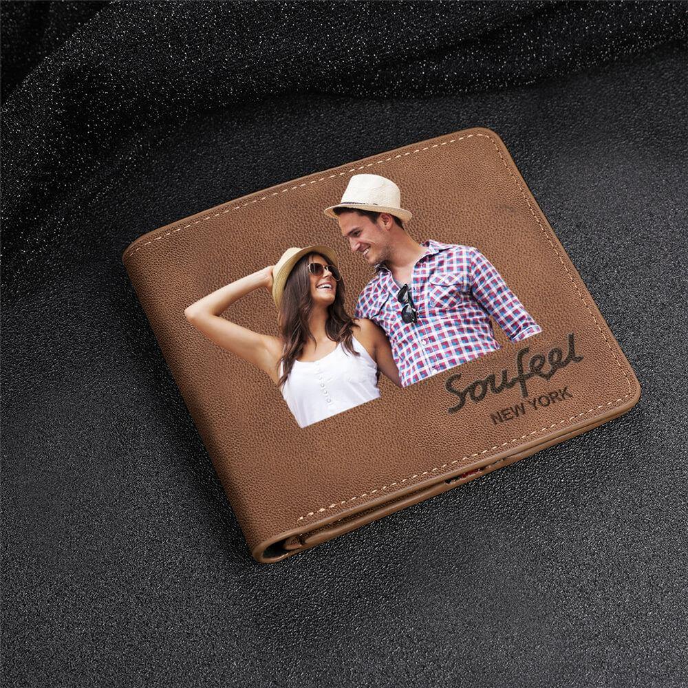 Men's Bifold Custom Inscription Photo Wallet - Brown Leather