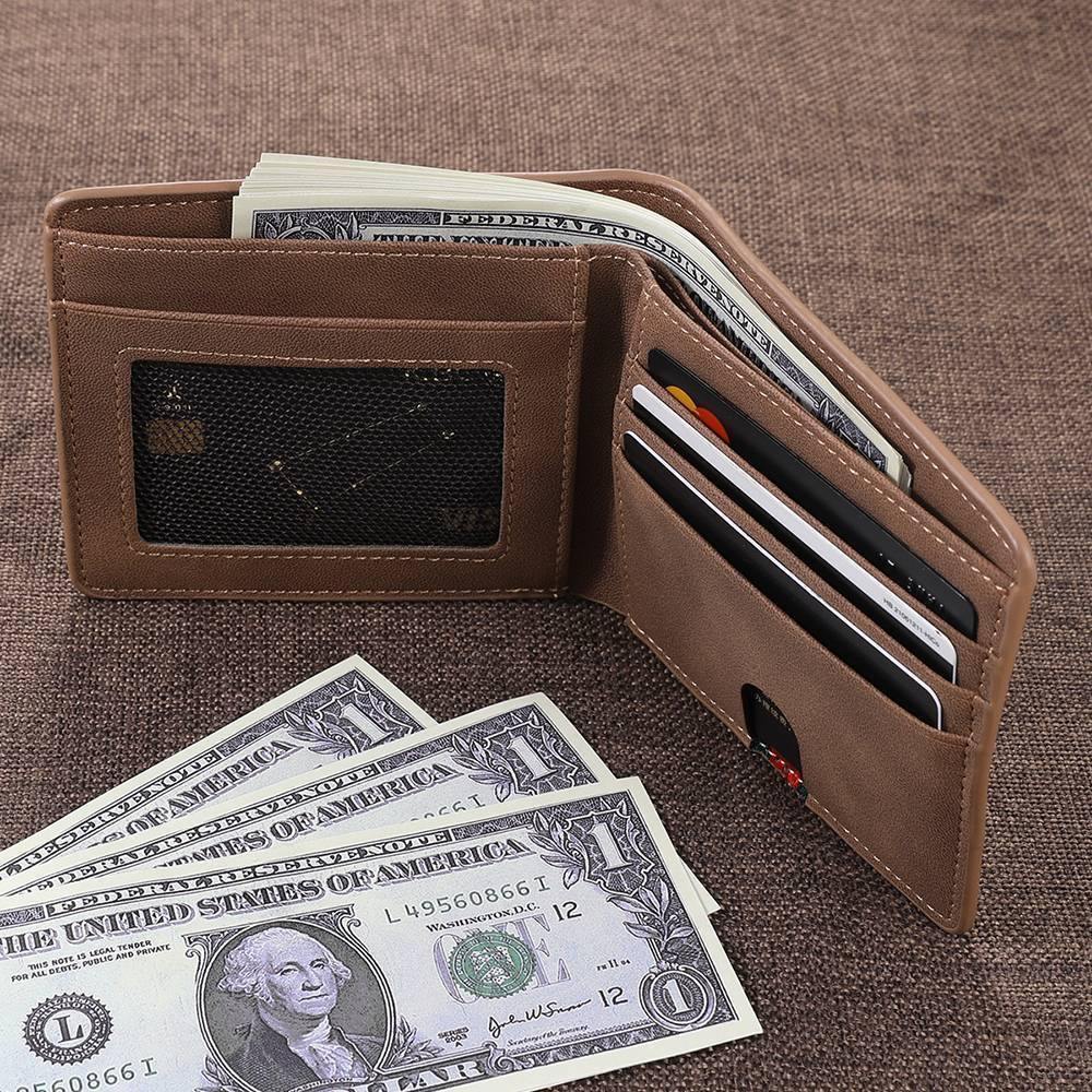 Men's Bifold Custom Inscription Photo Engraved Wallet - Brown Leather