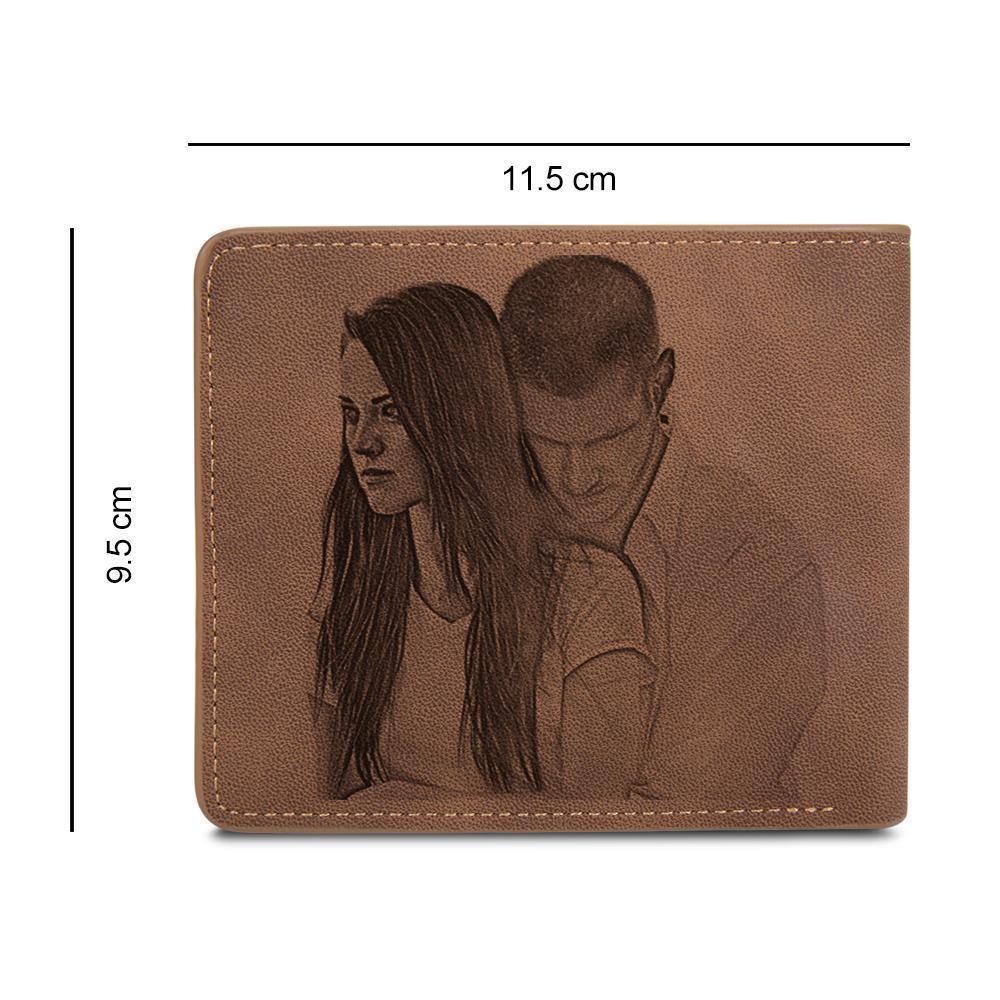 Men's Bifold Custom Inscription Photo Wallet Two Pictures - Brown Leather