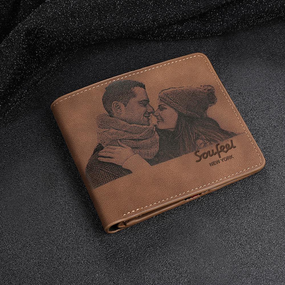 Men's Bifold Custom Inscription Photo Wallet Two Pictures - Brown Leather