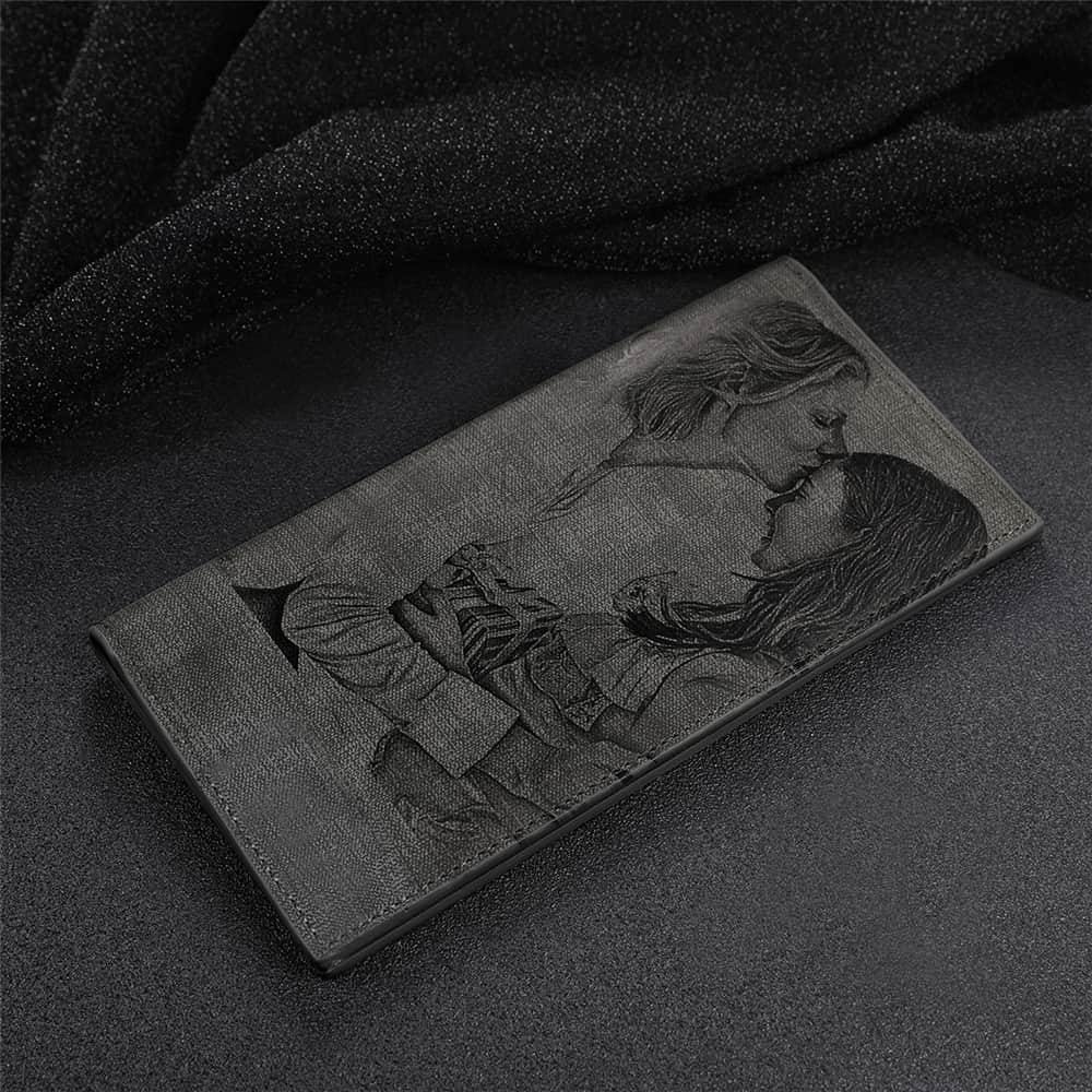 Men's Long Style Bifold Custom Inscription Photo Engraved Wallet - Grey Leather