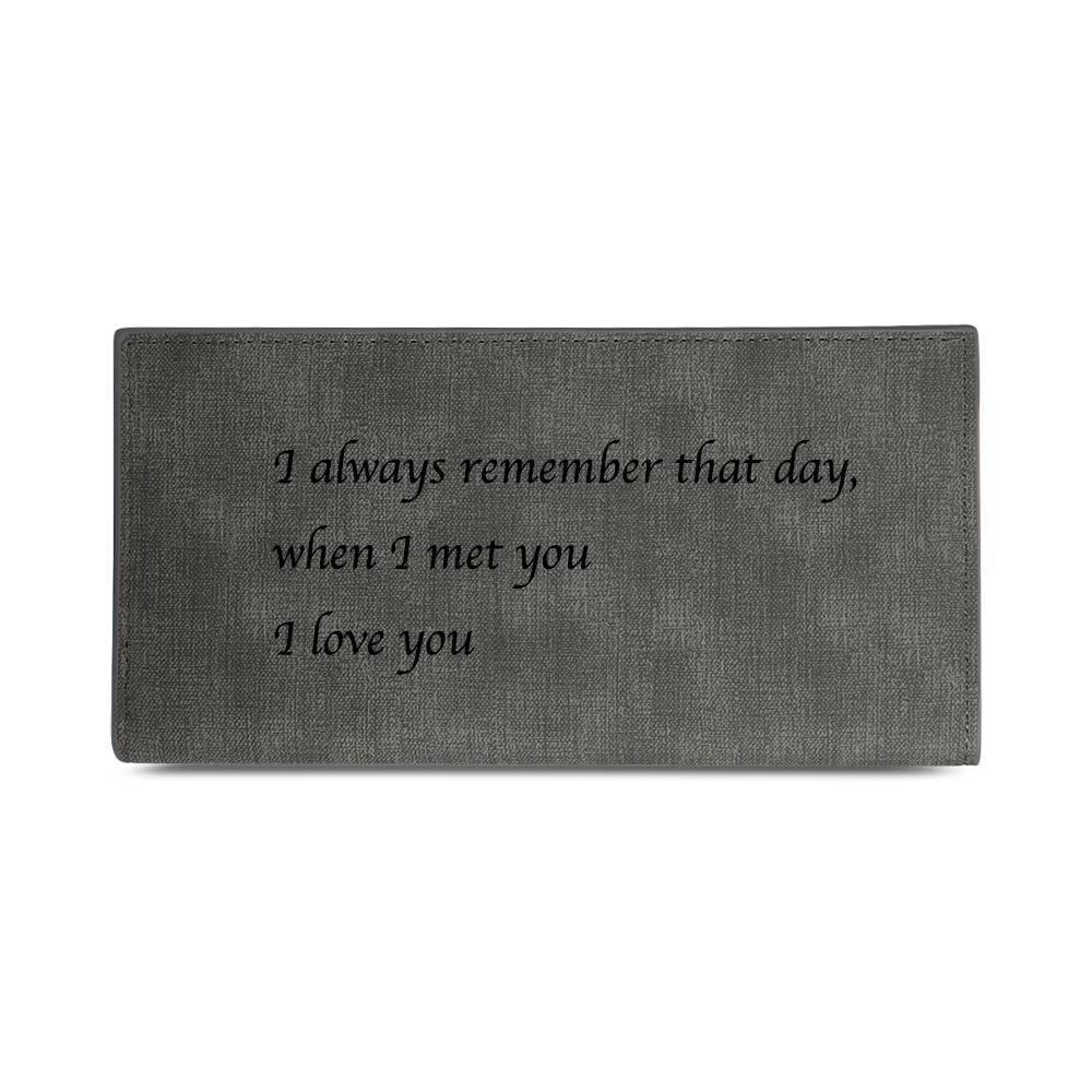 Men's Long Style Bifold Custom Inscription Photo Wallet - Grey Leather -