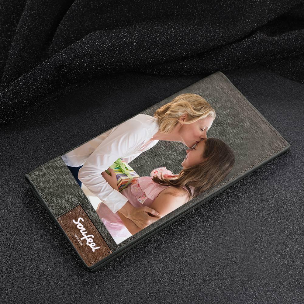 Men's Long Style Bifold Custom Inscription Photo Wallet - Grey Leather -