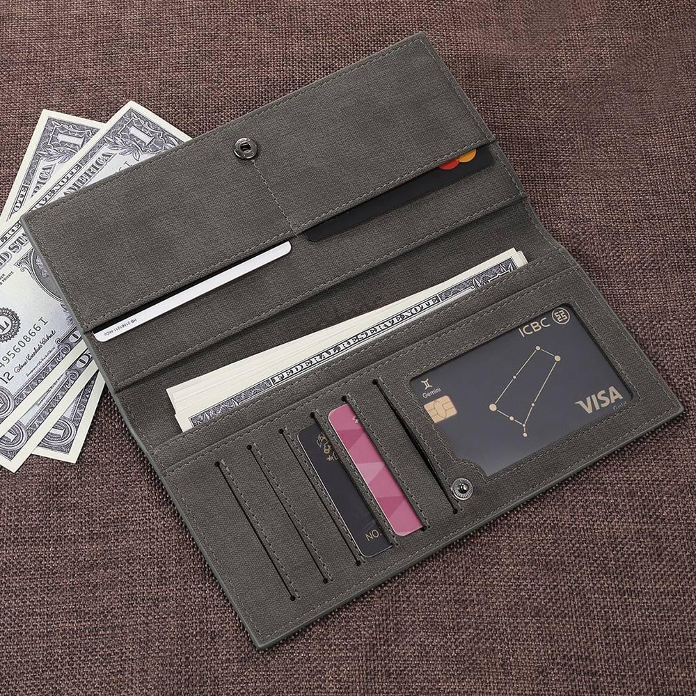 Men's Long Style Bifold Custom Inscription Photo Wallet - Grey Leather -