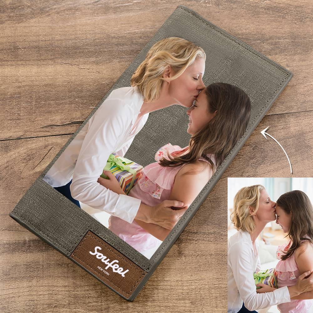 Men's Long Style Bifold Custom Inscription Photo Wallet - Grey Leather - 