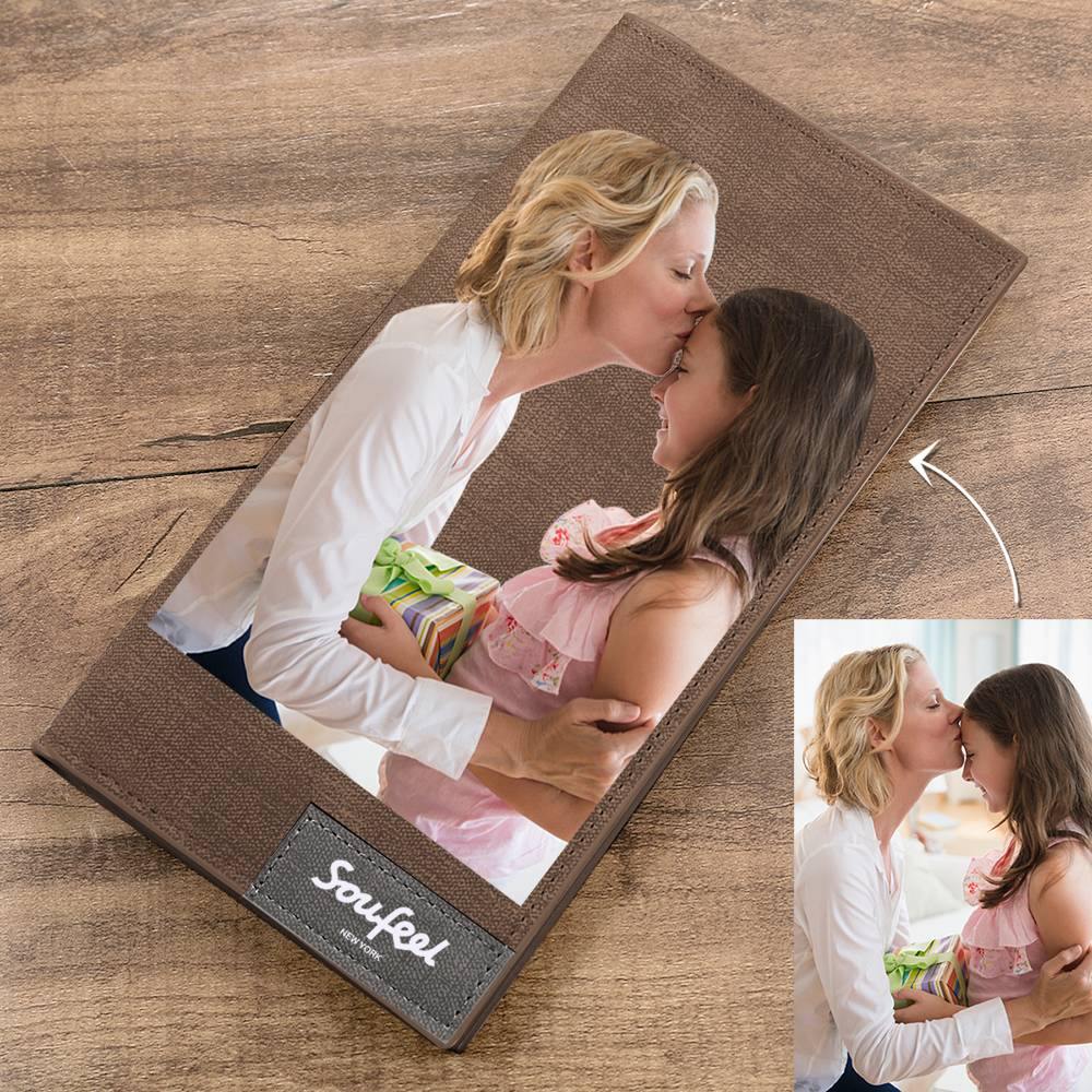 Men's Long Style Bifold Custom Inscription Photo Wallet - Brown Leather - 