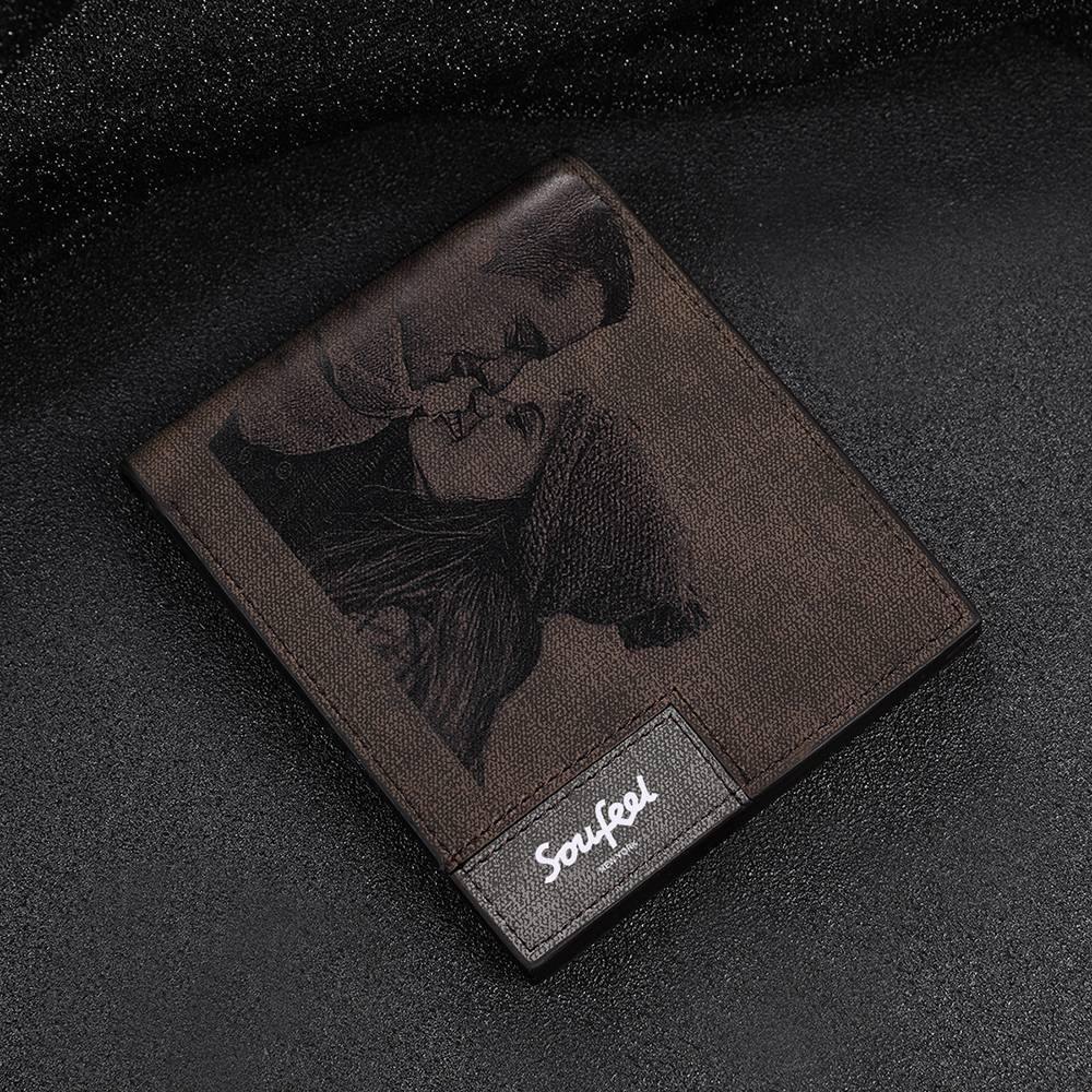 Men's Bifold Custom Inscription Photo Engraved Wallet - Coffee Leather Gift for Men