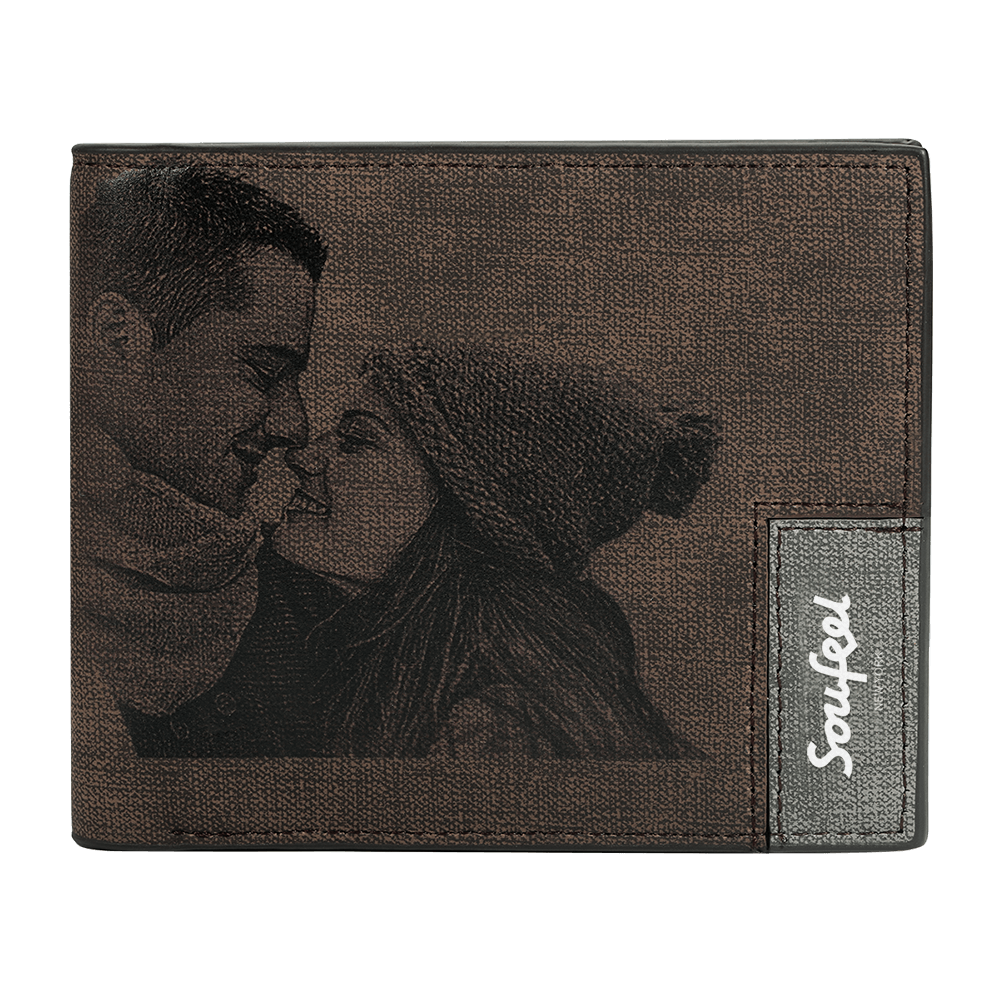 Men's Bifold Custom Inscription Photo Engraved Wallet - Coffee Leather Gift for Men