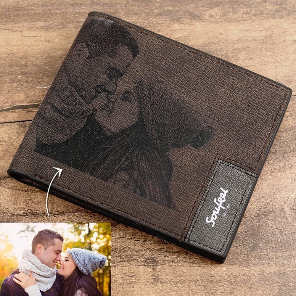 Men's Bifold Custom Inscription Photo Engraved Wallet - Grey Leather Gift for Family - 