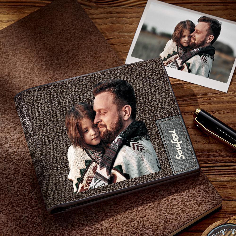 Men's Bifold Custom Inscription Photo Wallet - Coffee Leather -