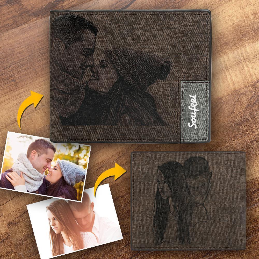 Men's Bifold Custom Inscription Photo Wallet Two Pictures - Coffee Leather