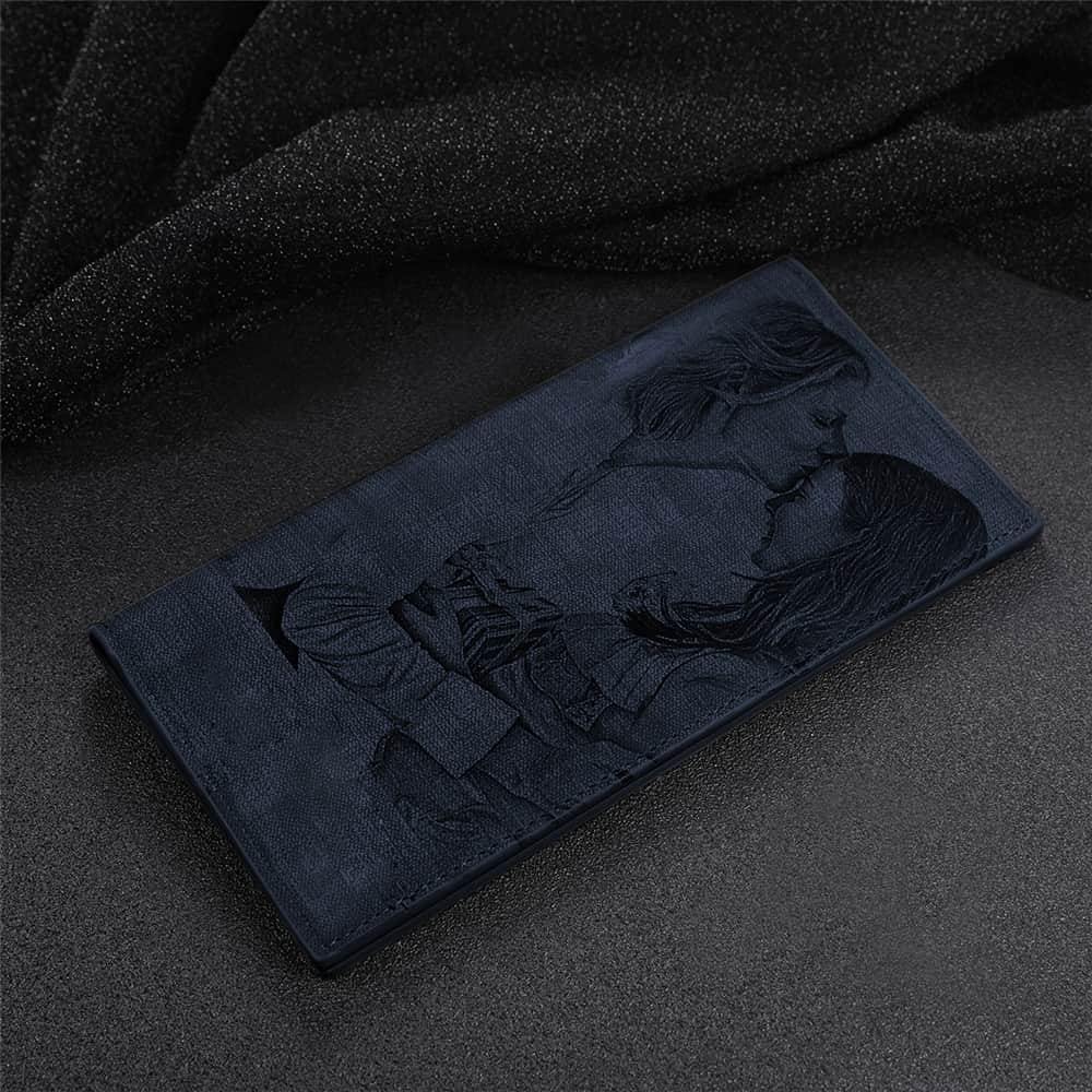 Men's Long Style Bifold Custom Inscription Photo Engraved Wallet - Blue Leather