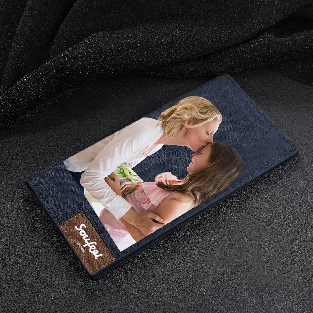 Men's Long Style Bifold Custom Inscription Photo Wallet - Blue Leather - 