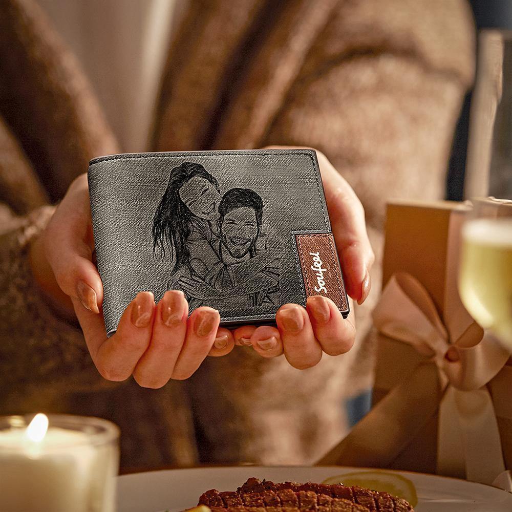 Men's Bifold Custom Inscription Photo Engraved Wallet - Grey Leather Gift for Men -