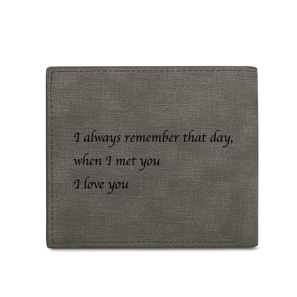 Men's Bifold Custom Inscription Photo Engraved Wallet - Grey Leather Gift for Men -
