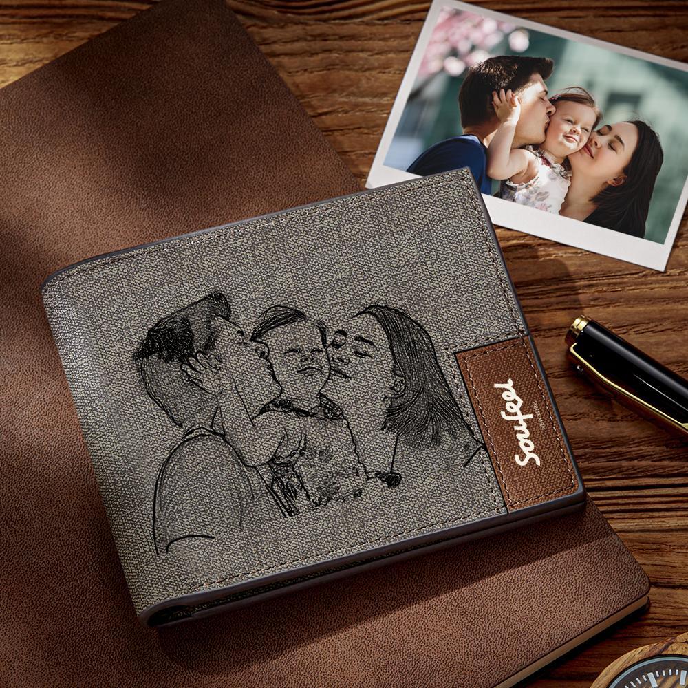 Men's Bifold Custom Inscription Photo Engraved Wallet - Grey Leather Gift for Family -