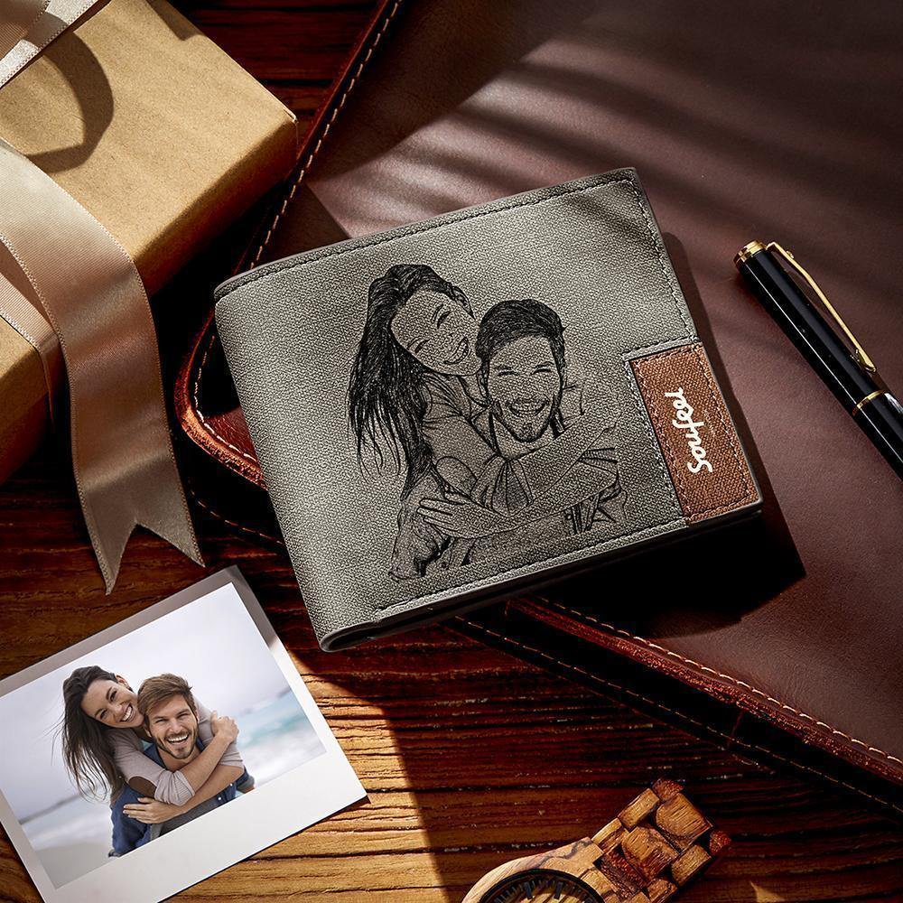 Men's Bifold Custom Inscription Photo Engraved Wallet - Grey Leather Gift for Men -