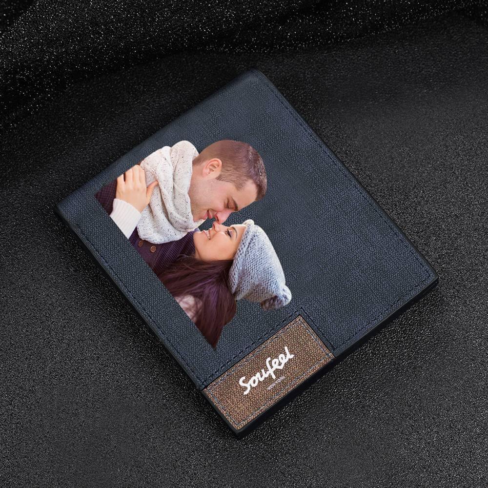 Men's Bifold Custom Inscription Photo Wallet - Blue Leather - 