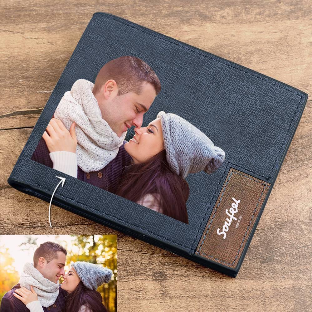 Men's Bifold Custom Inscription Photo Wallet - Blue Leather -