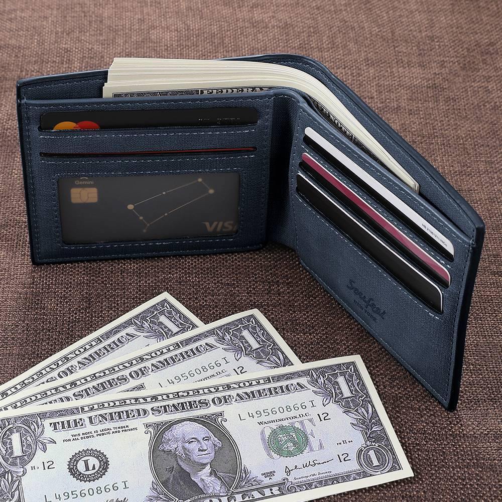 Men's Bifold Custom Inscription Photo Wallet - Blue Leather Gift for Men -