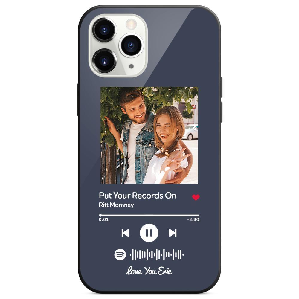 Custom Spotify Code Music iPhone Case with Text Scannable Engraved Custom Music Song Tempered Glass - Dark Blue -