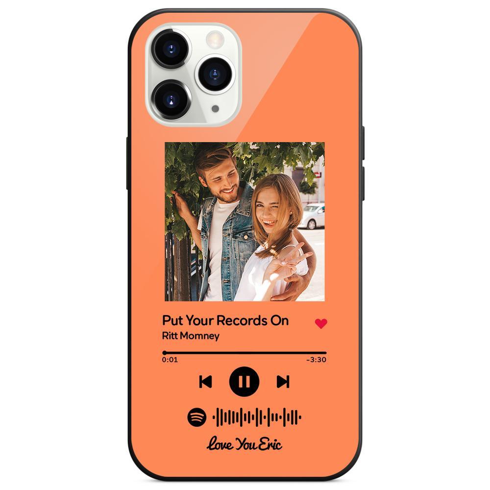 Custom Spotify Code Music iPhone Case with Text Scannable Engraved Custom Music Song Tempered Glass  - Orange - 