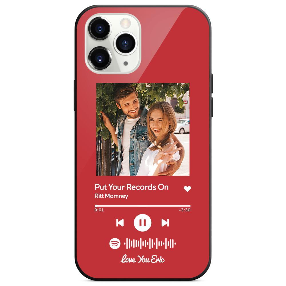 Custom Spotify Code Music iPhone Case with Text Scannable Engraved Custom Music Song Tempered Glass  - Red - 