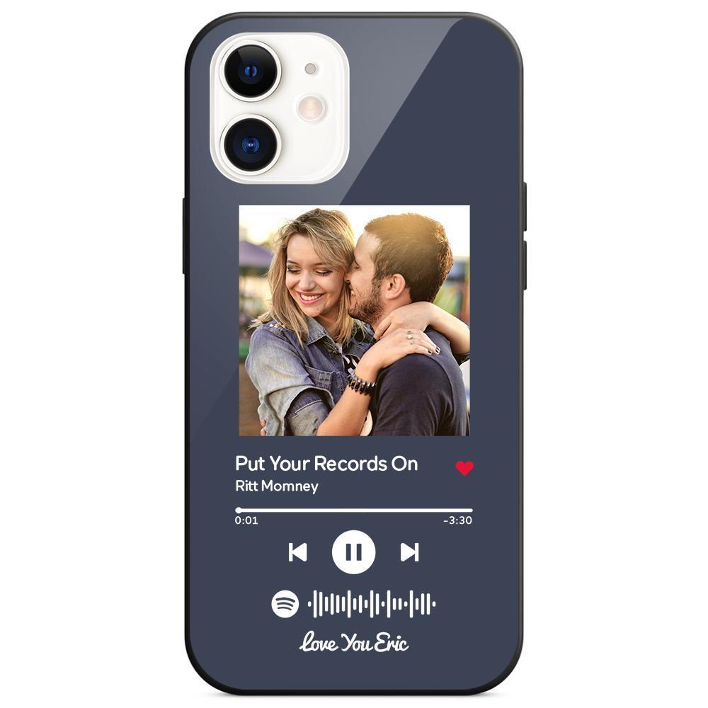 Custom Spotify Code Music iPhone Case with Text Scannable Engraved Custom Music Song Tempered Glass  - Dark Blue - 