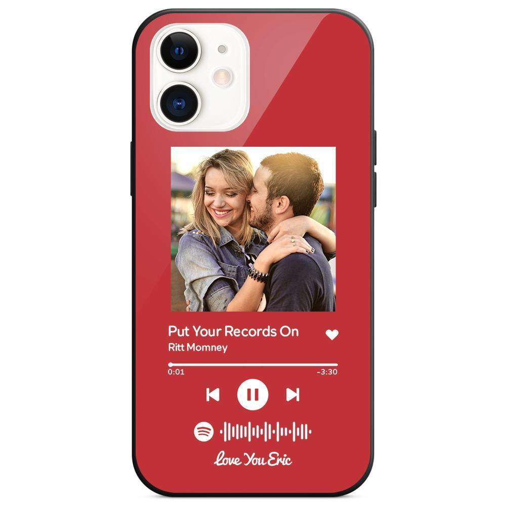 Custom Spotify Code Music iPhone Case with Text Scannable Engraved Custom Music Song Tempered Glass - Red -