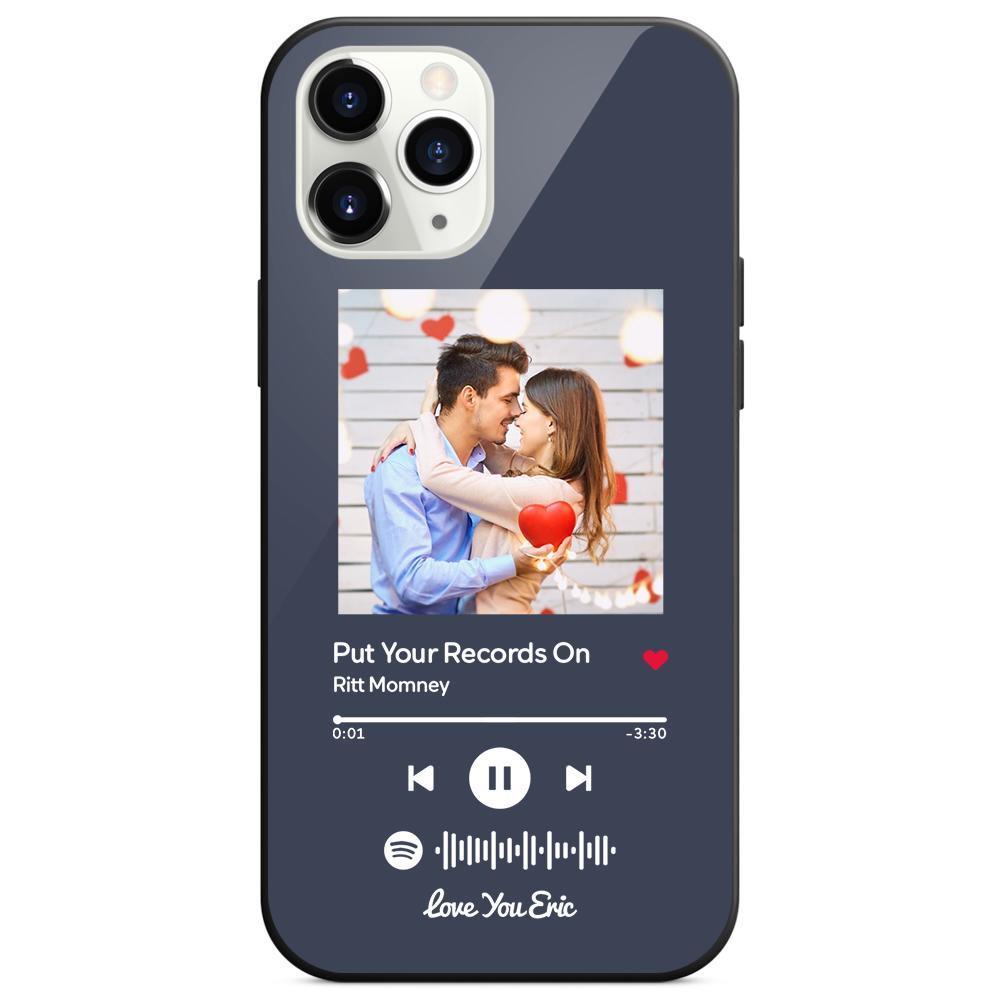 Custom Spotify Code Music iPhone Case with Text Scannable Engraved Custom Music Song Tempered Glass - Dark Blue -