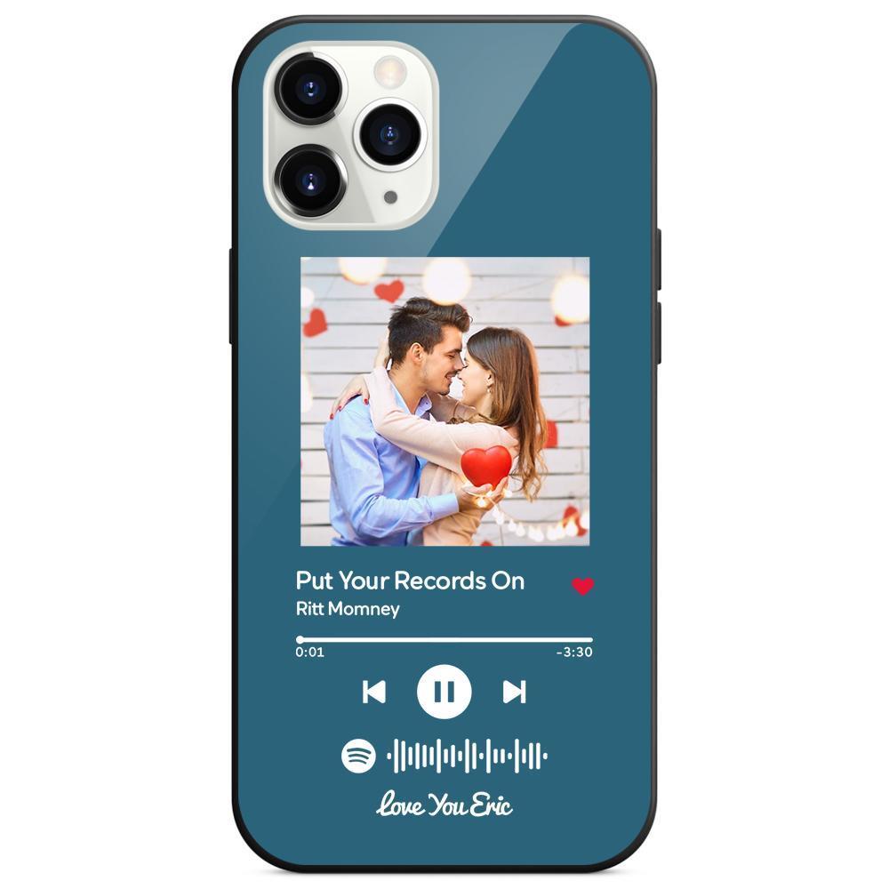 Custom Spotify Code Music iPhone Case with Text Scannable Engraved Custom Music Song Tempered Glass  - Blue - 